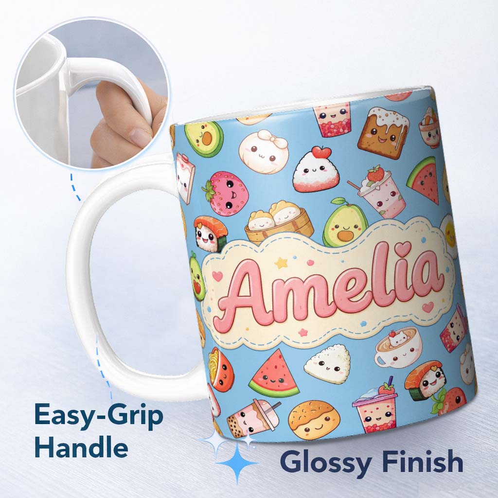Personalized Custom Name Kawaii Food Collection Sushi Fruit Drinks Blue Background Cute 11oz Ceramic Coffee Tea Mug White Large Handle