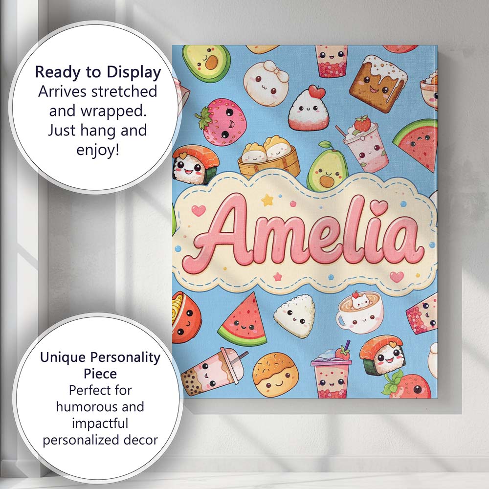 Personalised Name Kawaii Food Collection Custom Unique Gift Idea Elegant Feature Canvas Wall Art Print Decor Picture Ready to Hang