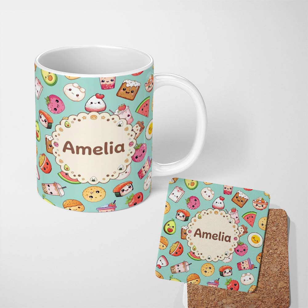 Personalized Custom Name Kawaii Food Collection Sushi Fruit Drink Green Background Cute 11oz Ceramic Coffee Tea Mug White Large Handle