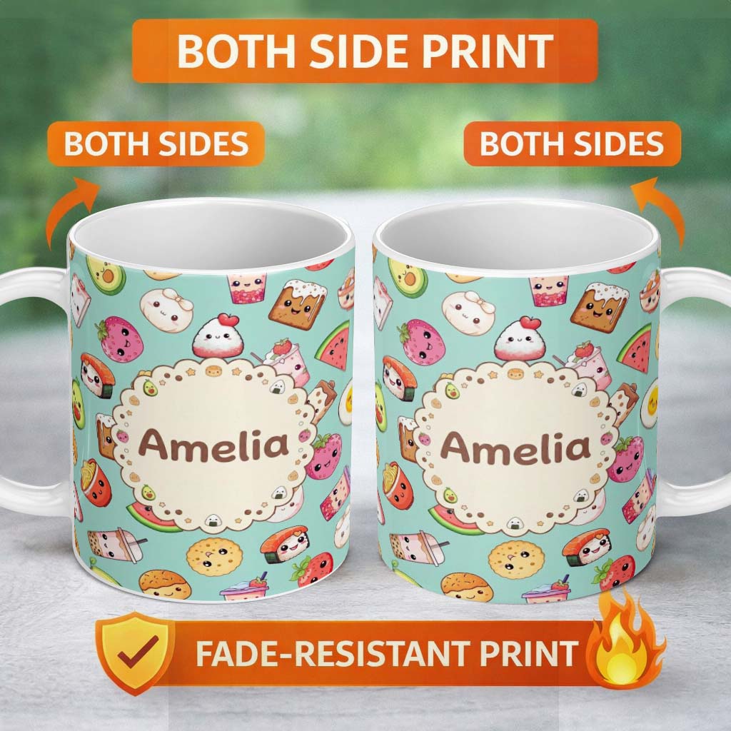Personalized Custom Name Kawaii Food Collection Sushi Fruit Drink Green Background Cute 11oz Ceramic Coffee Tea Mug White Large Handle
