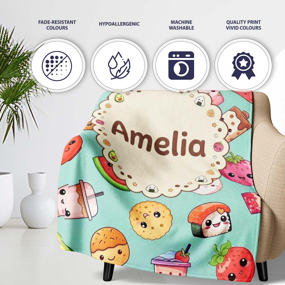 Kawaii Food Collection Sushi Fruit Drink Green Background Cute Personalised Custom Name Super Soft Fleece Blanket Bed Sofa Throw
