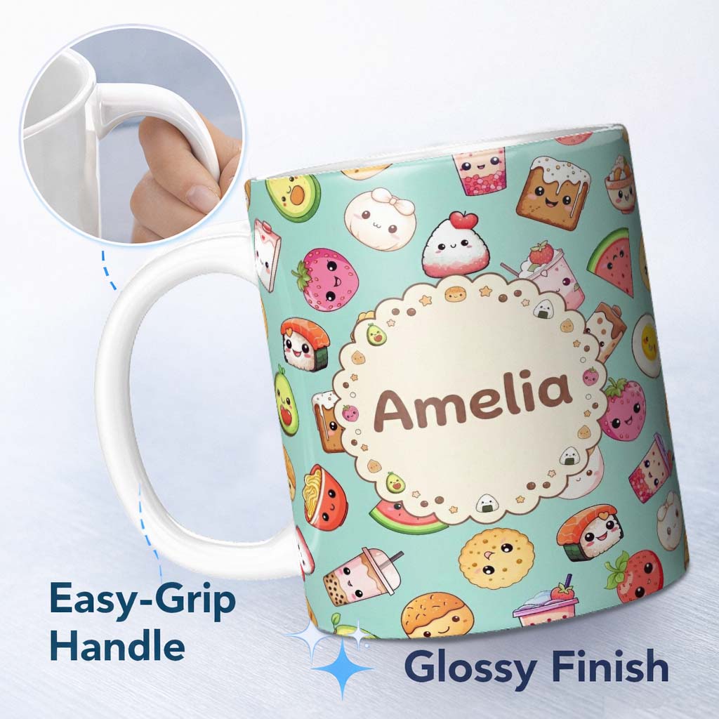Personalized Custom Name Kawaii Food Collection Sushi Fruit Drink Green Background Cute 11oz Ceramic Coffee Tea Mug White Large Handle