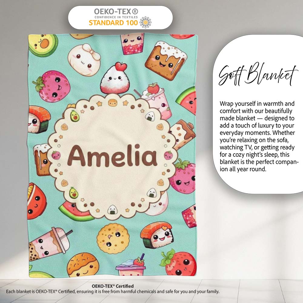 Kawaii Food Collection Sushi Fruit Drink Green Background Cute Personalised Custom Name Super Soft Fleece Blanket Bed Sofa Throw