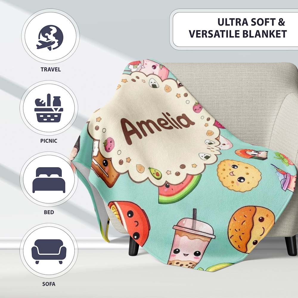 Kawaii Food Collection Sushi Fruit Drink Green Background Cute Personalised Custom Name Super Soft Fleece Blanket Bed Sofa Throw