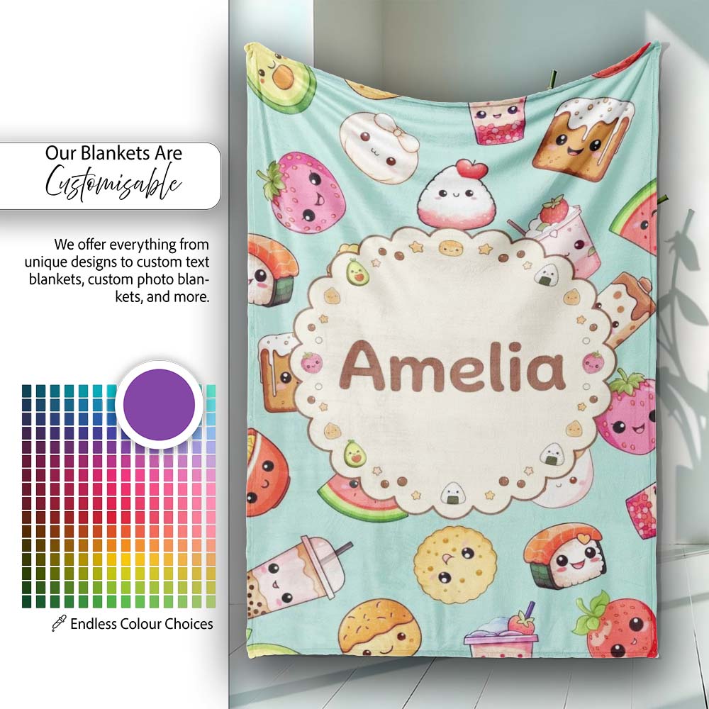 Kawaii Food Collection Sushi Fruit Drink Green Background Cute Personalised Custom Name Super Soft Fleece Blanket Bed Sofa Throw