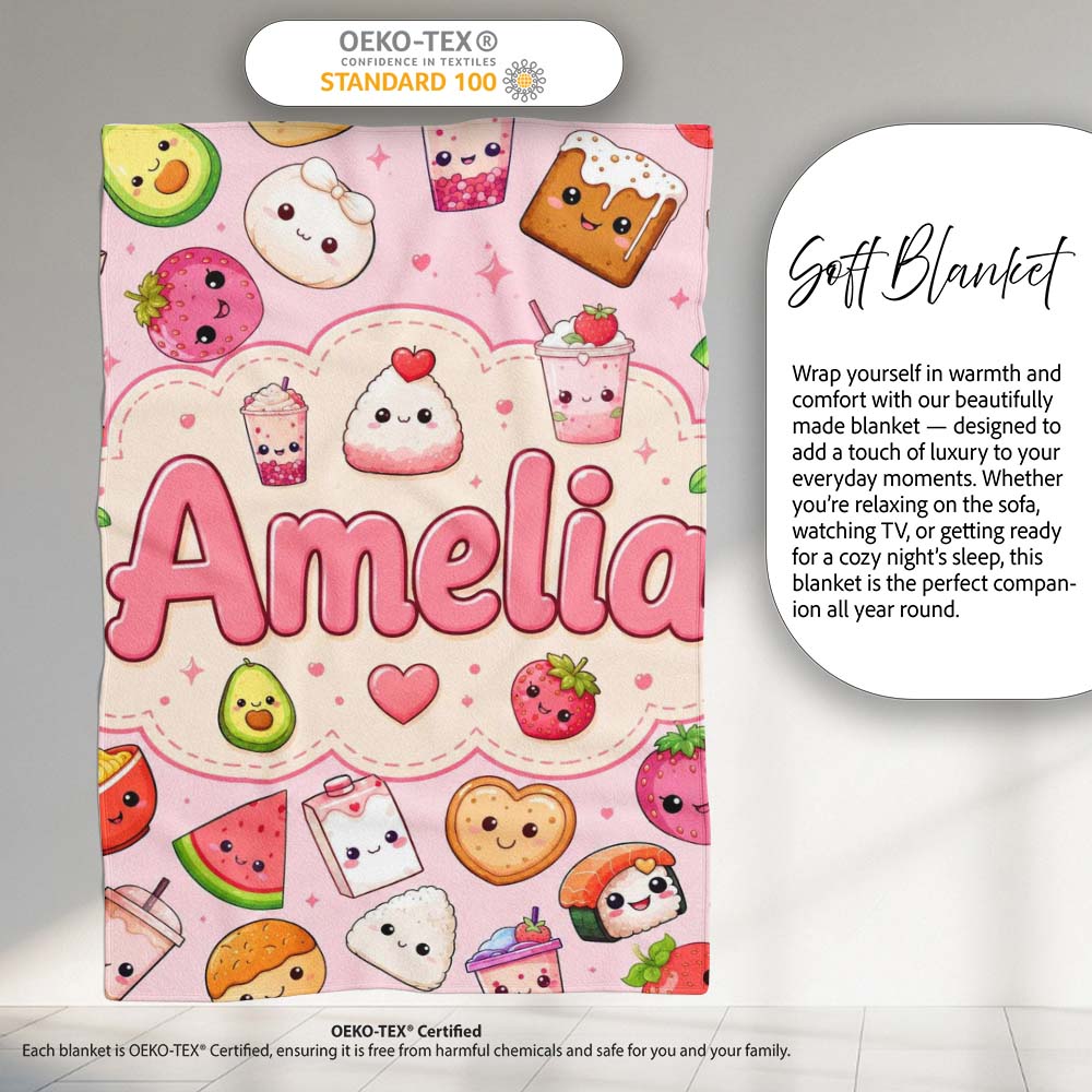 Kawaii Food Collection Sushi Fruit Drinks Pink Background Cute Personalised Custom Name Super Soft Fleece Blanket Bed Sofa Throw