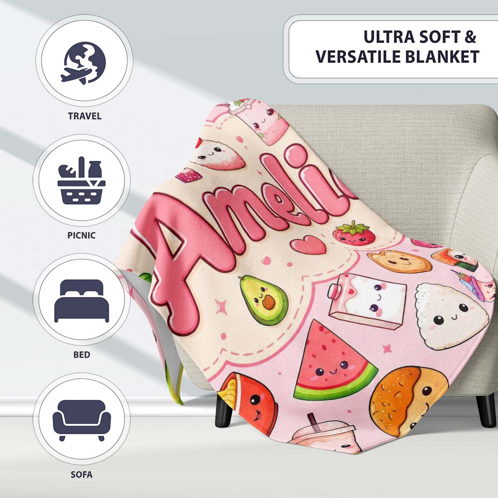 Kawaii Food Collection Sushi Fruit Drinks Pink Background Cute Personalised Custom Name Super Soft Fleece Blanket Bed Sofa Throw