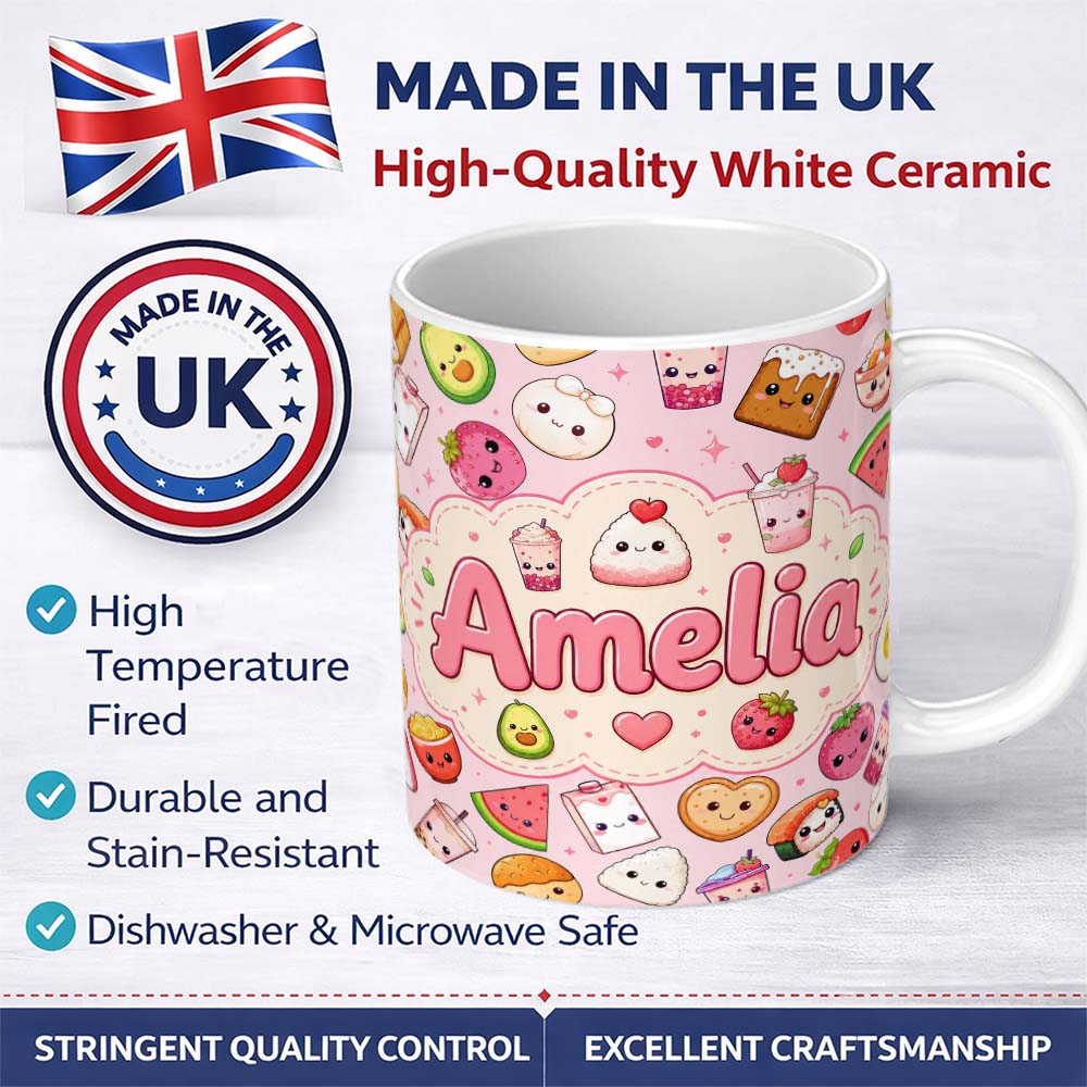 Personalized Custom Name Kawaii Food Collection Sushi Fruit Drinks Pink Background Cute 11oz Ceramic Coffee Tea Mug White Large Handle