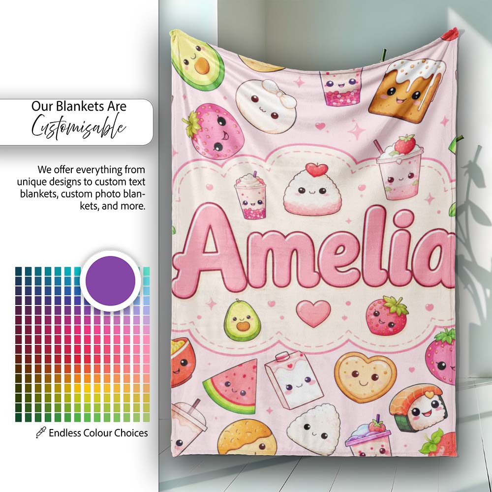 Kawaii Food Collection Sushi Fruit Drinks Pink Background Cute Personalised Custom Name Super Soft Fleece Blanket Bed Sofa Throw