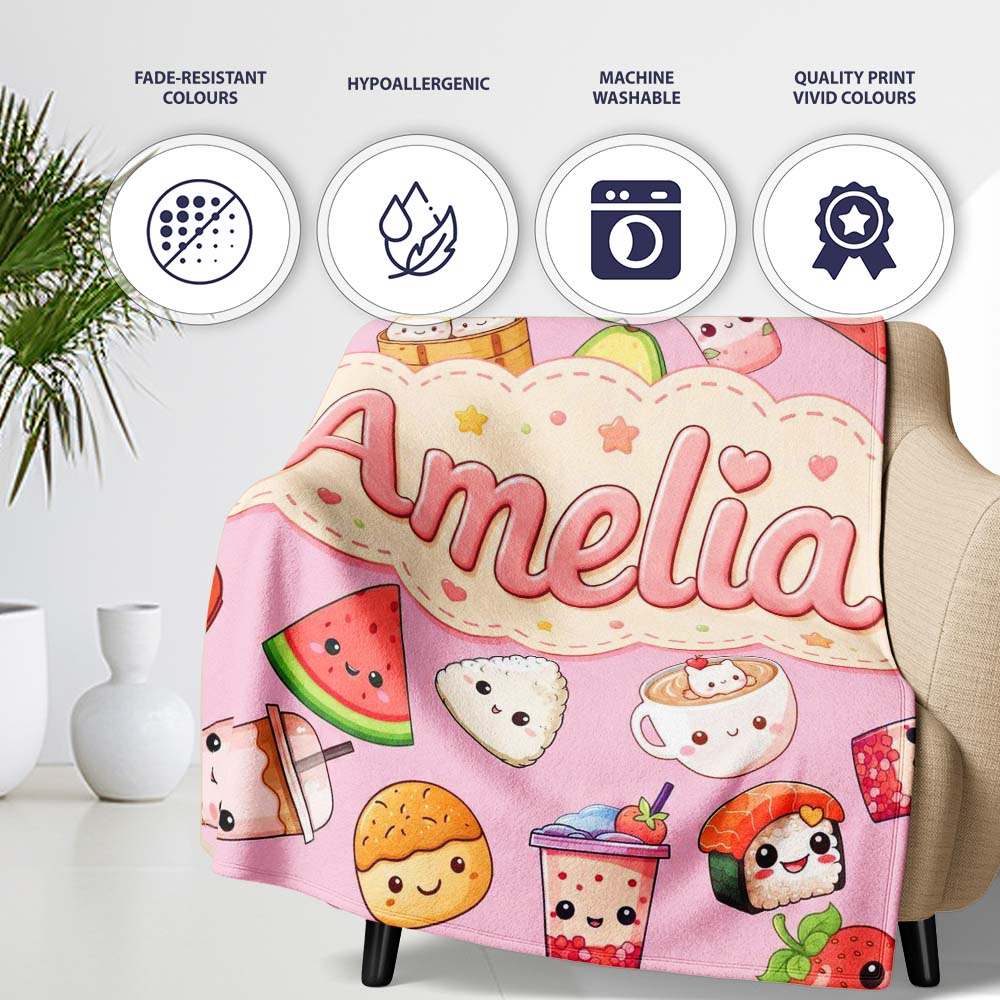 Kawaii Food Collection Sushi Fruit Drinks Soft Pink Cute Seamless Personalised Custom Name Super Soft Fleece Blanket Bed Sofa Throw