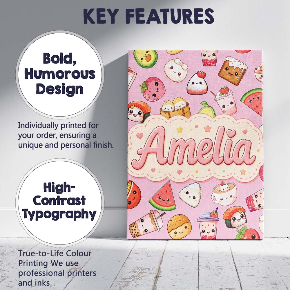 Personalised Name Kawaii Food Collection Custom Unique Gift Idea Elegant Feature Canvas Wall Art Print Decor Picture Ready to Hang