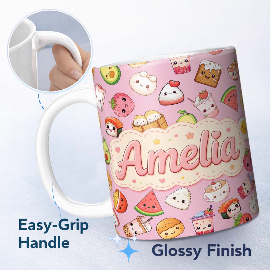 Personalized Custom Name Kawaii Food Collection Sushi Fruit Drinks Soft Pink Cute Seamless 11oz Ceramic Coffee Tea Mug White Large Handle
