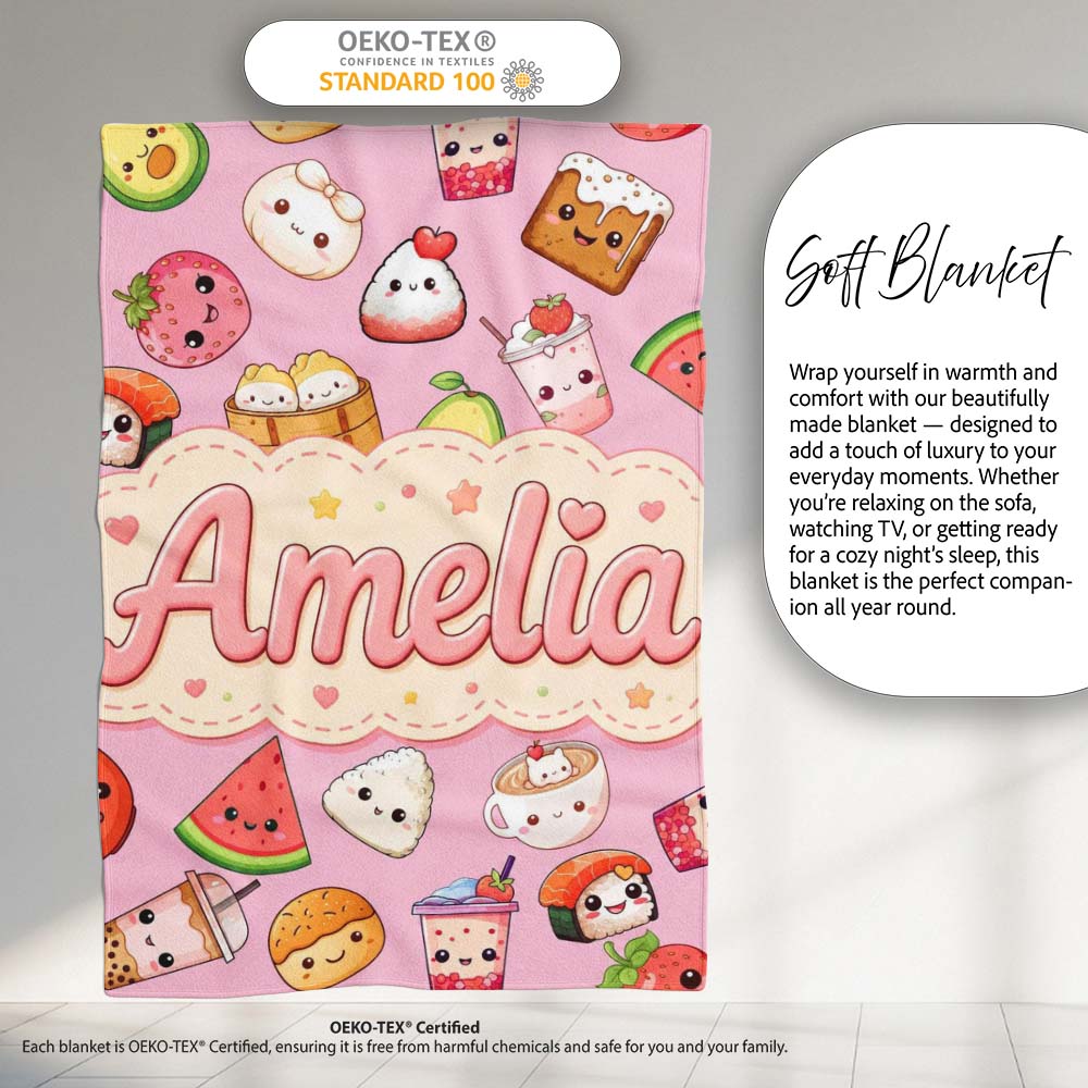 Kawaii Food Collection Sushi Fruit Drinks Soft Pink Cute Seamless Personalised Custom Name Super Soft Fleece Blanket Bed Sofa Throw