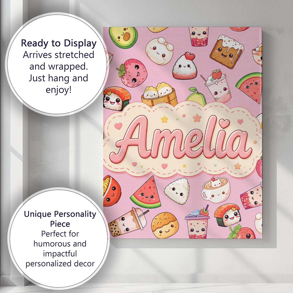 Personalised Name Kawaii Food Collection Custom Unique Gift Idea Elegant Feature Canvas Wall Art Print Decor Picture Ready to Hang