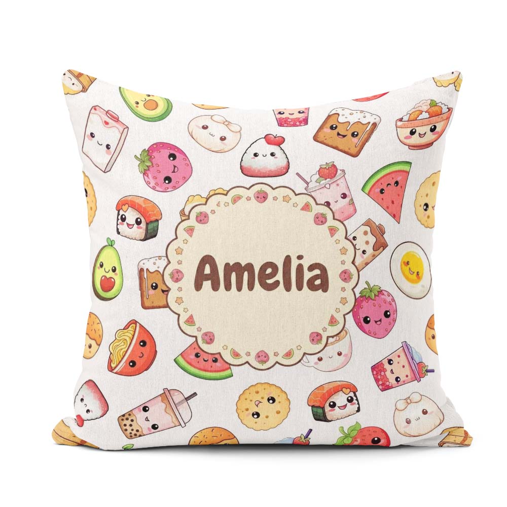Custom Name Kawaii Food Cute Sushi Fruit Drinks Cartoon Seamless Square Filled Cushion Throw Pillow Sofa Bed Home Decor Zip Washable UK Made