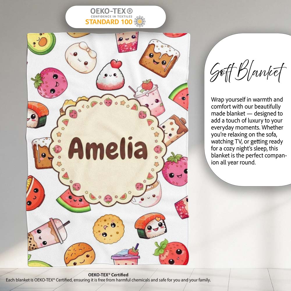 Kawaii Food Collection Cute Sushi Fruit Drinks Cartoon Seamless Personalised Custom Name Super Soft Fleece Blanket Bed Sofa Throw