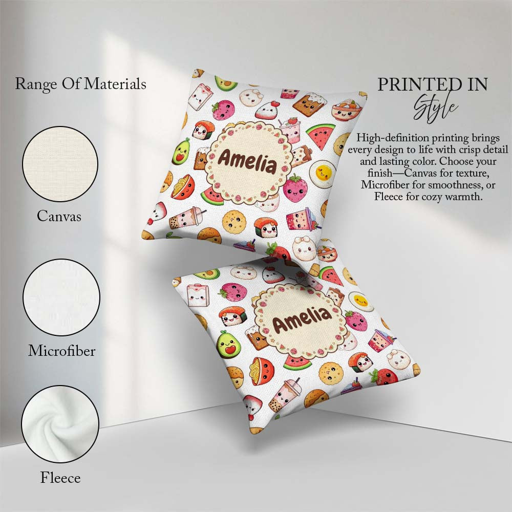 Custom Name Kawaii Food Cute Sushi Fruit Drinks Cartoon Seamless Square Filled Cushion Throw Pillow Sofa Bed Home Decor Zip Washable UK Made