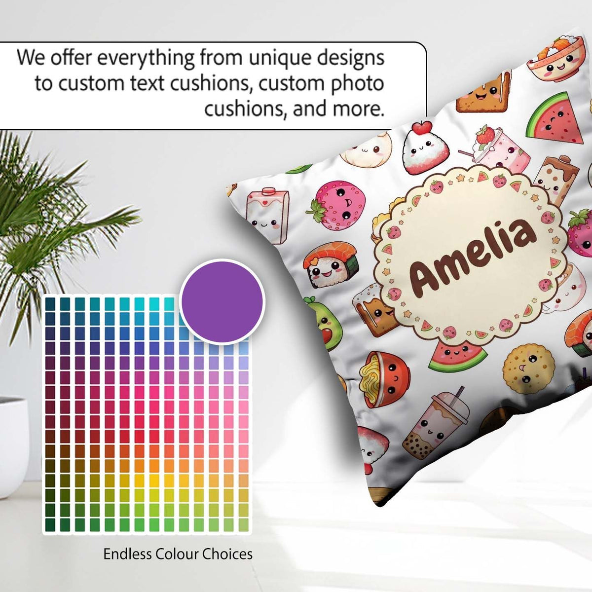 Custom Name Kawaii Food Cute Sushi Fruit Drinks Cartoon Seamless Square Filled Cushion Throw Pillow Sofa Bed Home Decor Zip Washable UK Made