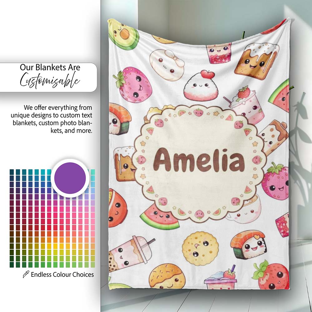 Kawaii Food Collection Cute Sushi Fruit Drinks Cartoon Seamless Personalised Custom Name Super Soft Fleece Blanket Bed Sofa Throw