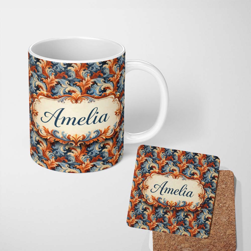 Personalized Custom Name Blue Orange Baroque Floral Artistic Ornamental Decorative Design 11oz Ceramic Coffee Tea Mug White Large Handle