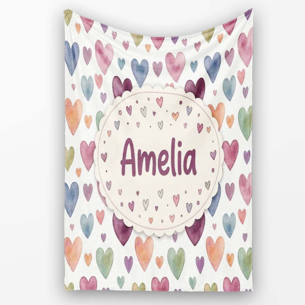 Watercolor Pastel Hearts Love Pattern Soft Romantic Seamless Name Personalised Custom Name Super Soft Fleece Blanket Bed Sofa Throw