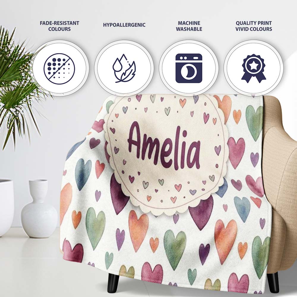 Watercolor Pastel Hearts Love Pattern Soft Romantic Seamless Name Personalised Custom Name Super Soft Fleece Blanket Bed Sofa Throw
