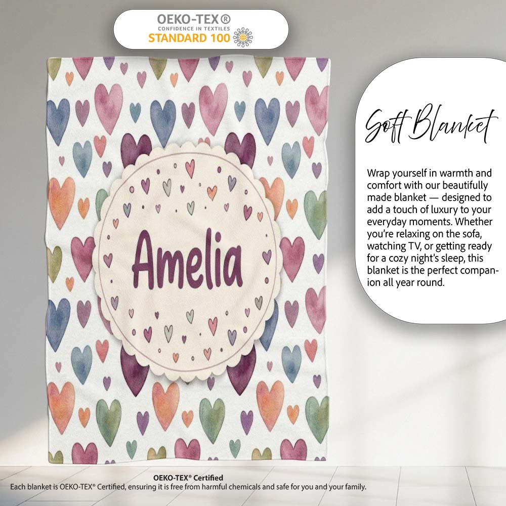 Watercolor Pastel Hearts Love Pattern Soft Romantic Seamless Name Personalised Custom Name Super Soft Fleece Blanket Bed Sofa Throw