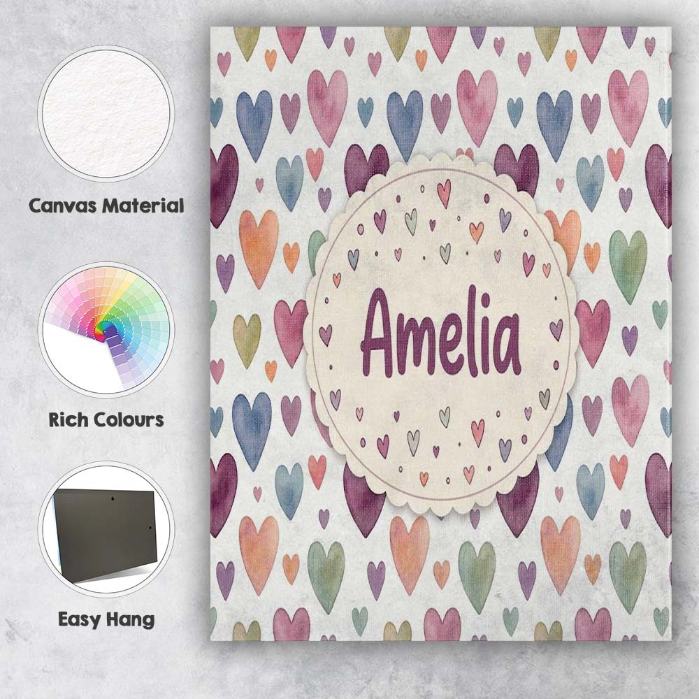 Personalised Name Watercolor Pastel Hearts Custom Unique Gift Idea Elegant Feature Canvas Wall Art Print Decor Picture Ready to Hang