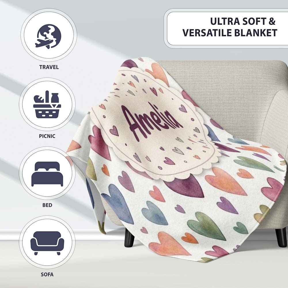Watercolor Pastel Hearts Love Pattern Soft Romantic Seamless Name Personalised Custom Name Super Soft Fleece Blanket Bed Sofa Throw