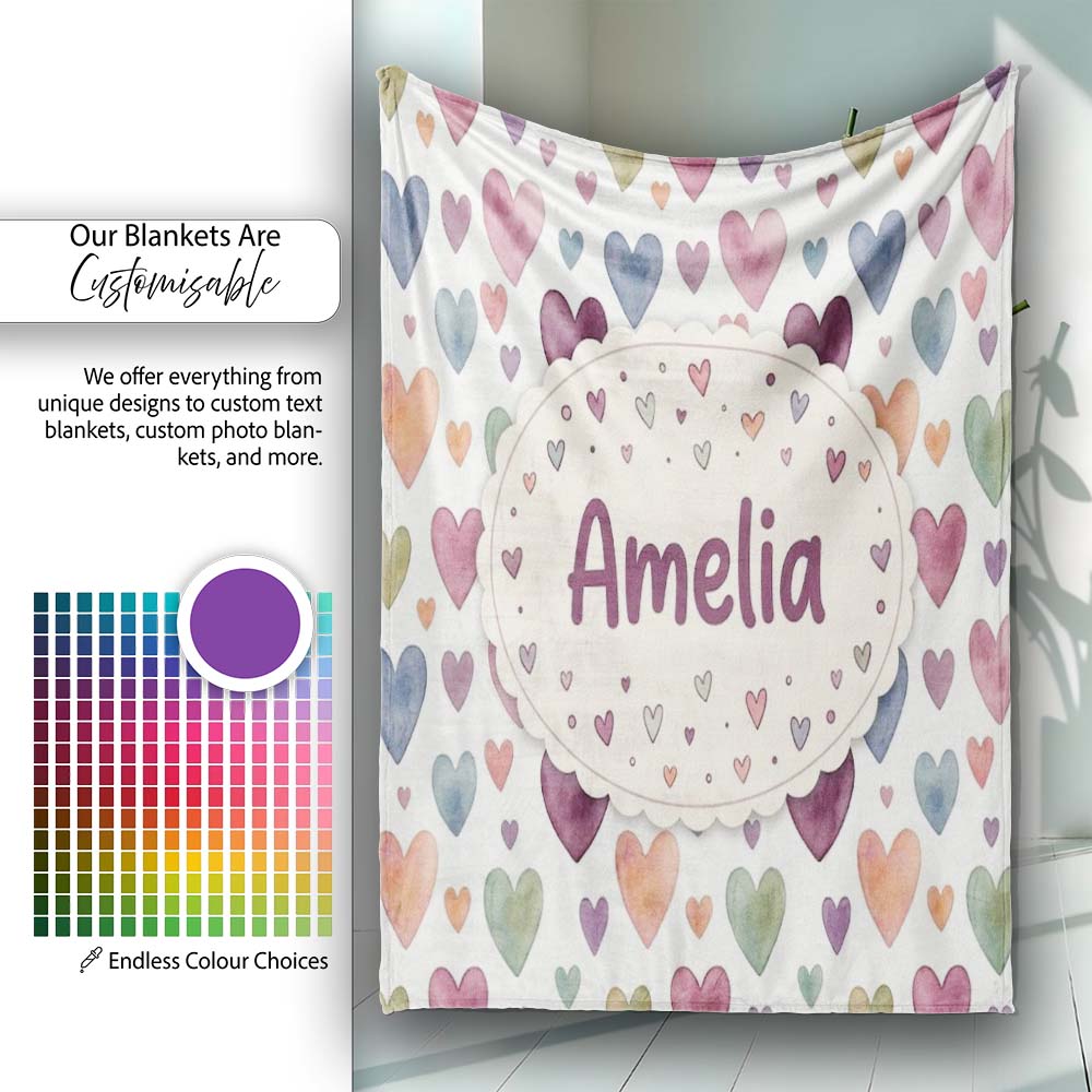 Watercolor Pastel Hearts Love Pattern Soft Romantic Seamless Name Personalised Custom Name Super Soft Fleece Blanket Bed Sofa Throw