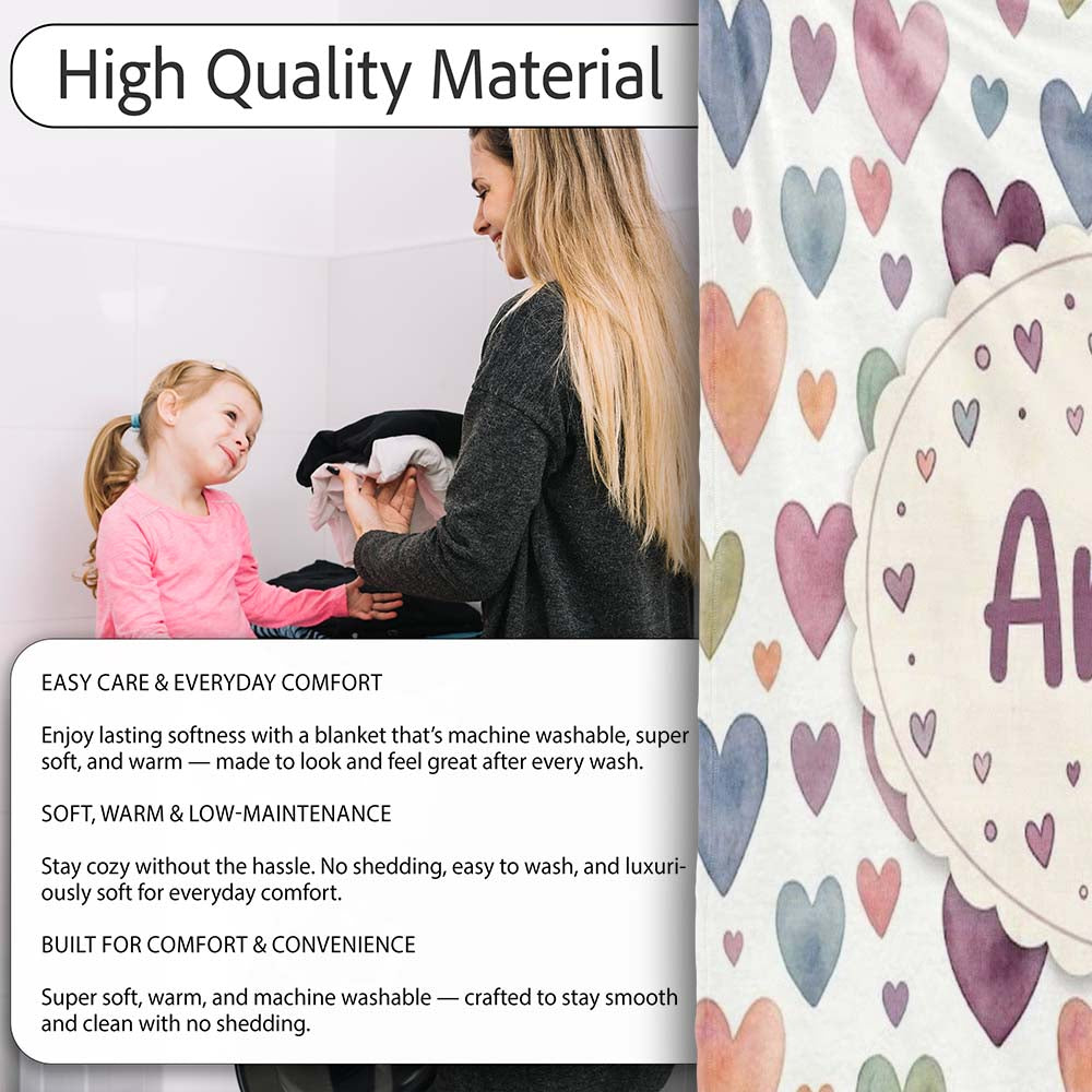 Watercolor Pastel Hearts Love Pattern Soft Romantic Seamless Name Personalised Custom Name Super Soft Fleece Blanket Bed Sofa Throw