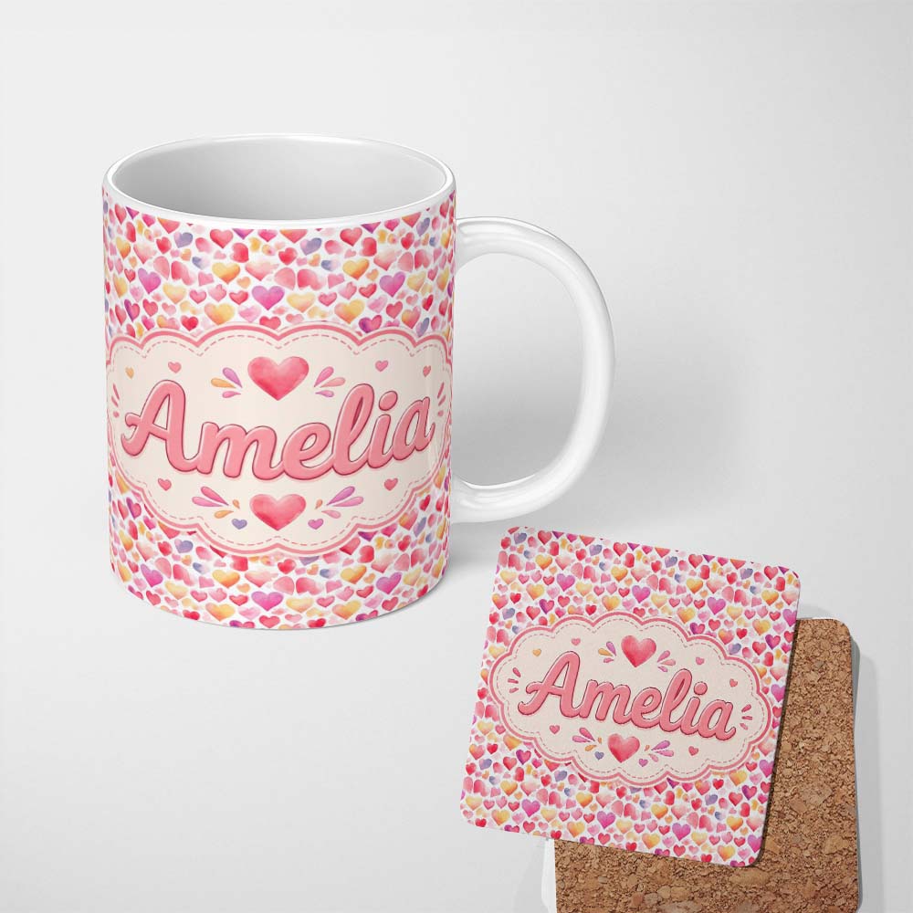 Personalized Custom Name Watercolor Pink Red Hearts Love Romantic Seamless Pattern Custom 11oz Ceramic Coffee Tea Mug White Large Handle