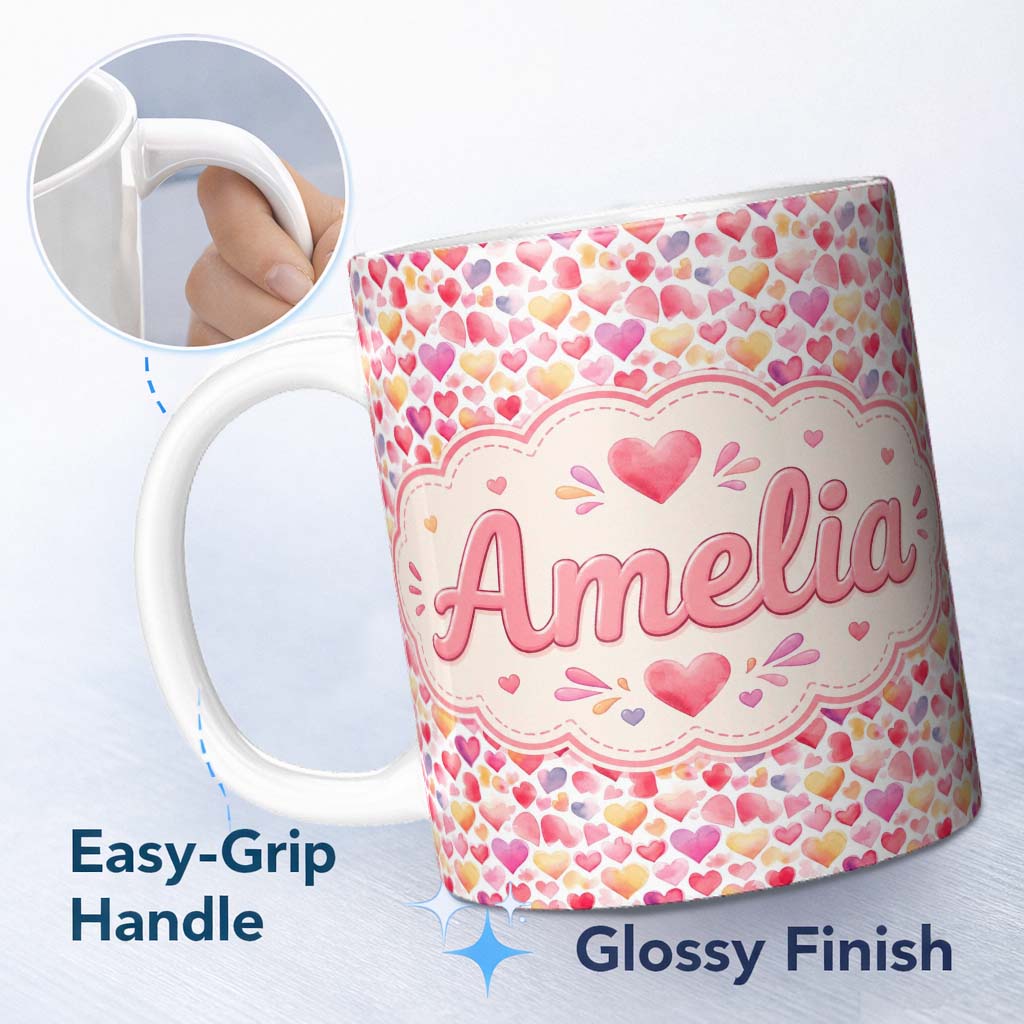 Personalized Custom Name Watercolor Pink Red Hearts Love Romantic Seamless Pattern Custom 11oz Ceramic Coffee Tea Mug White Large Handle