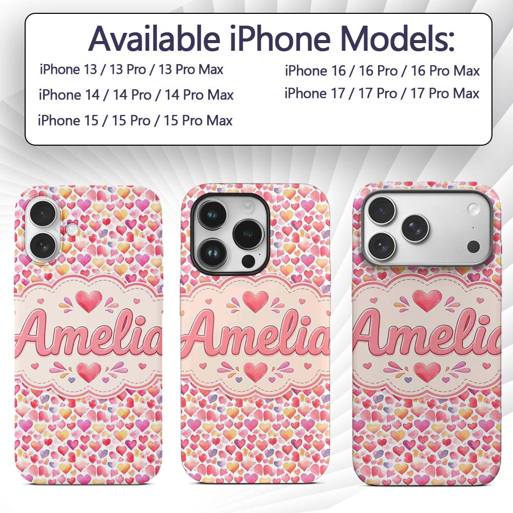 Watercolor Pink Red Hearts Love Romantic Seamless Custom Name Protective Phone Case Mobile Cover Durable Everyday Smartphone Shock Resistant