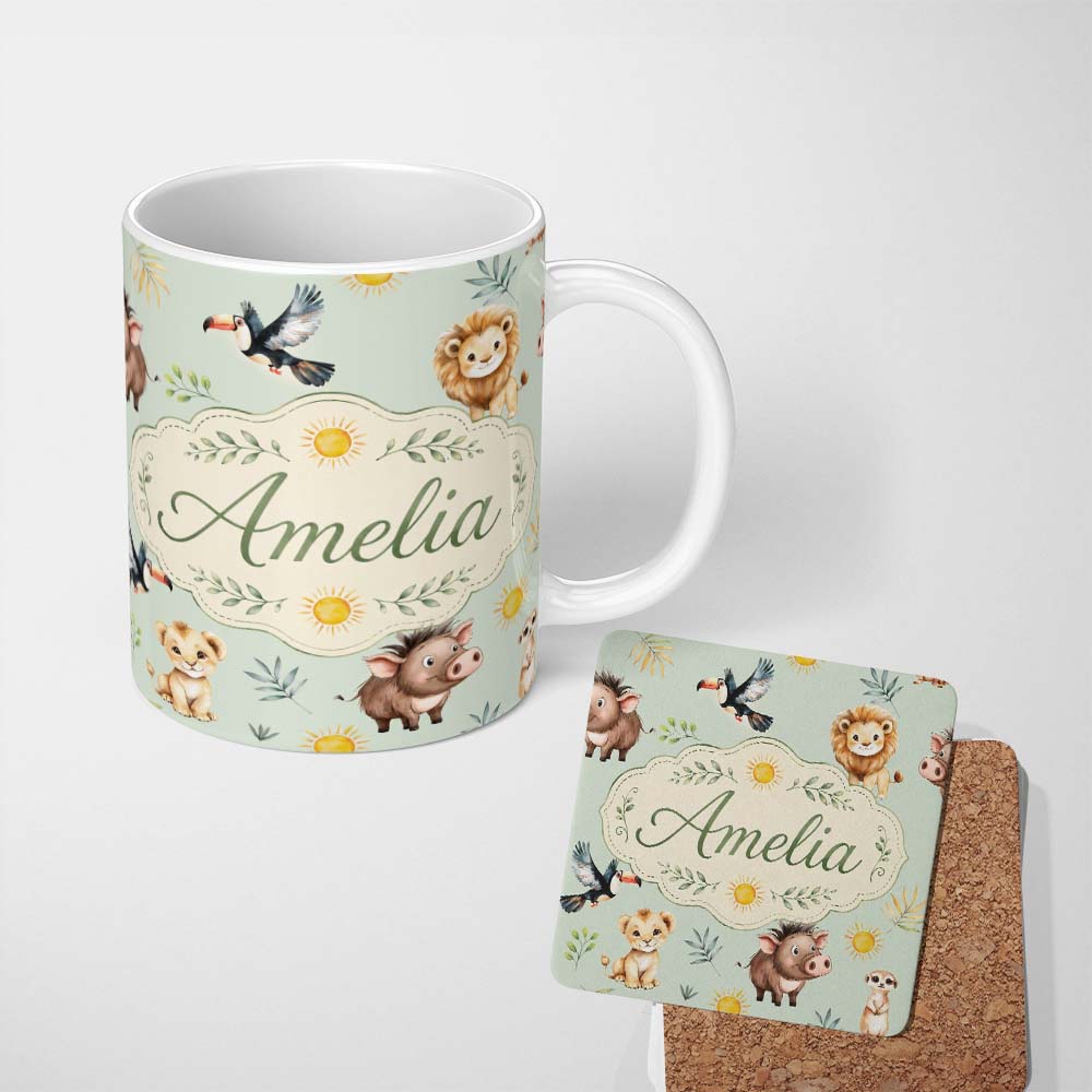 Custom Name Cute Safari Animals Lion Meerkat Toucan and Warthog with Sun and 11oz Ceramic Coffee Tea Mug White Large Handle