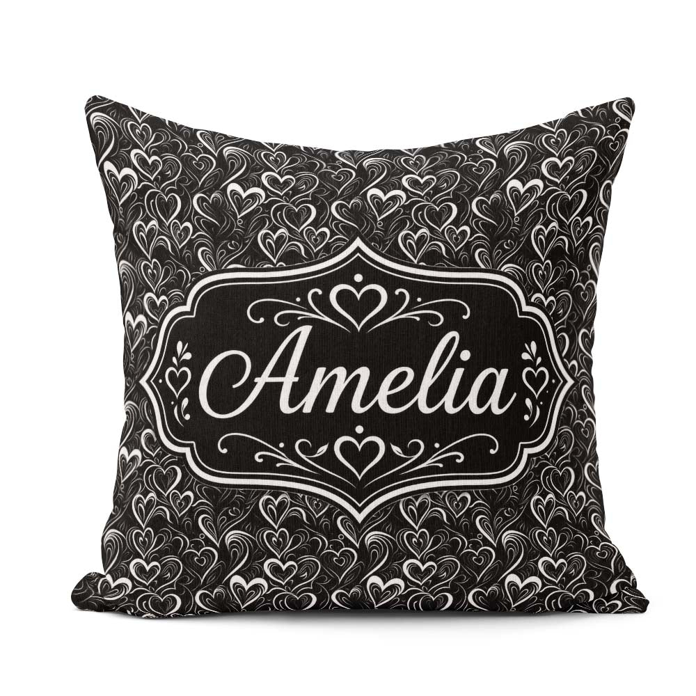 Custom Name Elegant Black White Swirl Hearts Decorative Seamless Square Filled Cushion Throw Pillow Sofa Bed Home Decor Zip Washable UK Made