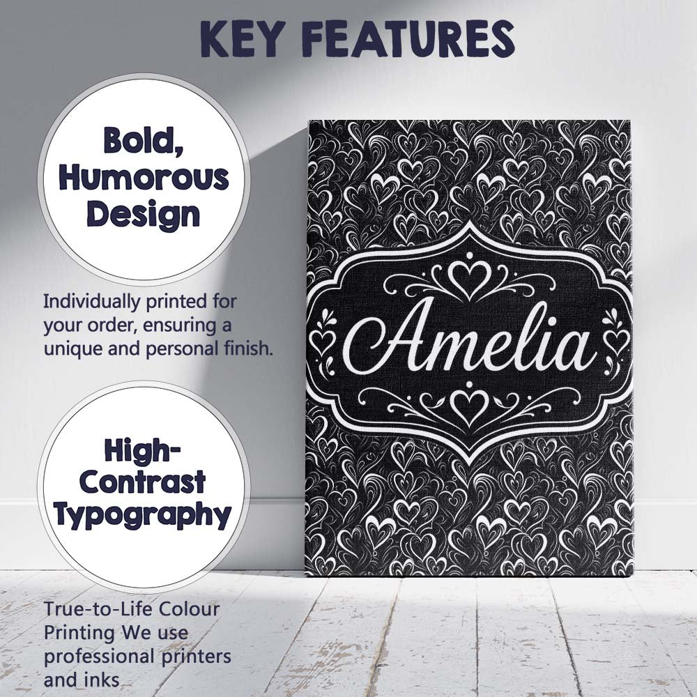 Personalised Name Elegant Black White Swirl Custom Bespoke Interior Contemporary Canvas Wall Art Print Decor Picture Ready to Hang