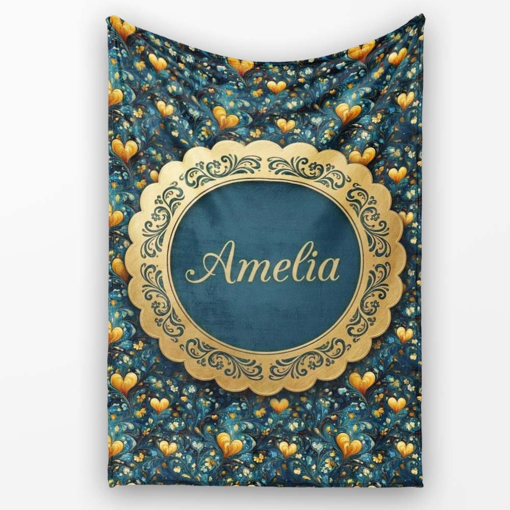 Luxury Ornate Blue Gold Floral Hearts Seamless Pattern Name Cute Personalised Custom Name Super Soft Fleece Blanket Bed Sofa Throw