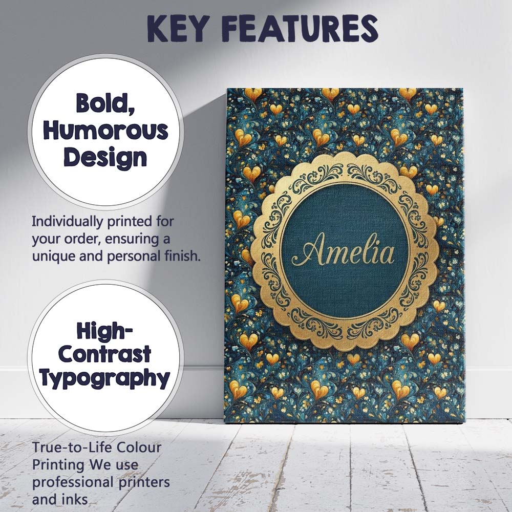 Personalised Name Luxury Ornate Blue Gold Custom Unique Gift Idea Elegant Feature Canvas Wall Art Print Decor Picture Ready to Hang