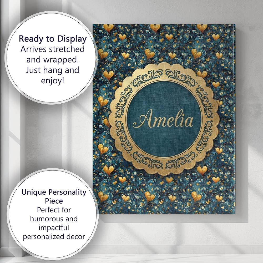 Personalised Name Luxury Ornate Blue Gold Custom Unique Gift Idea Elegant Feature Canvas Wall Art Print Decor Picture Ready to Hang