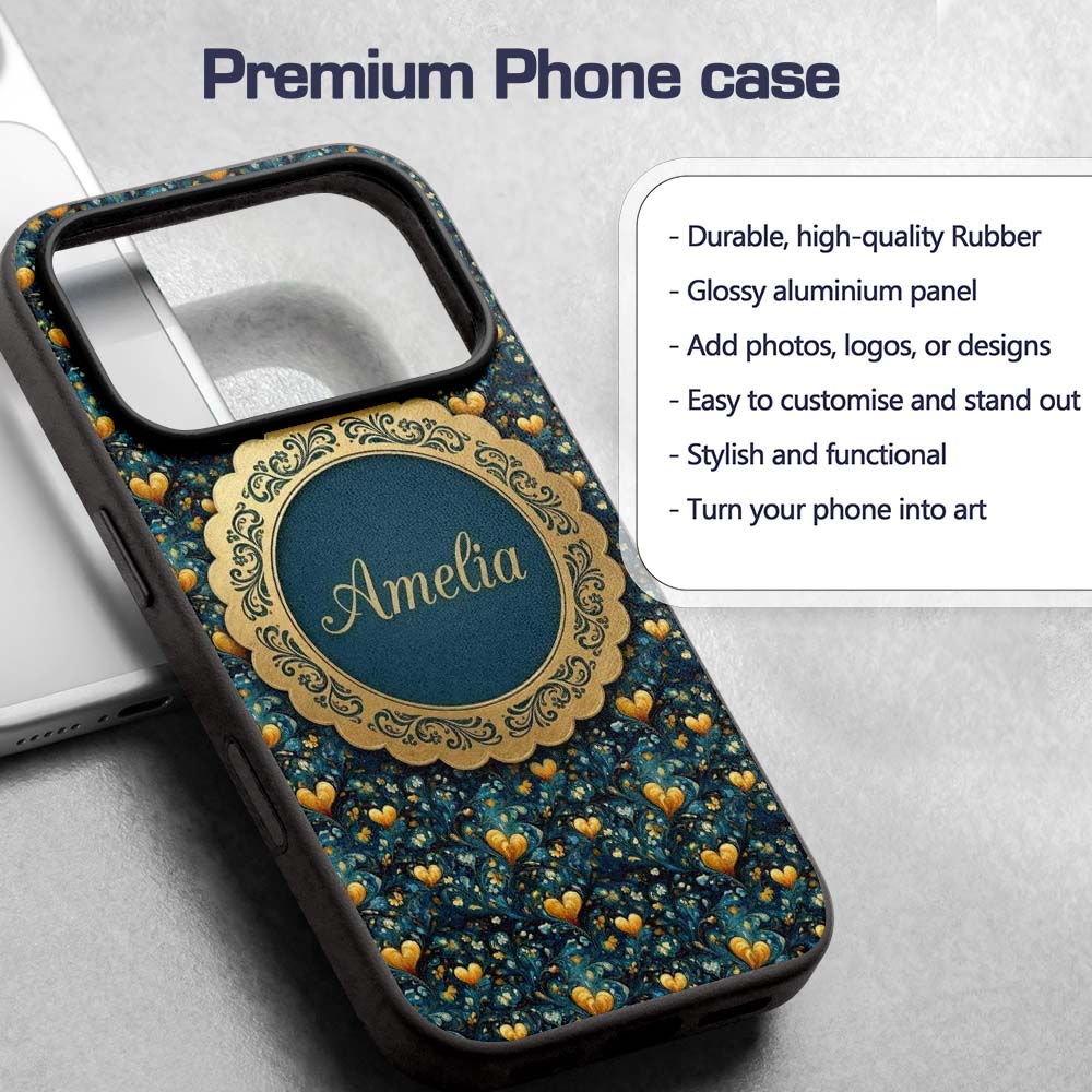 Luxury Ornate Blue Gold Floral Hearts Seamless Custom Name Protective Phone Case Mobile Cover Durable Everyday Smartphone Shock Resistant
