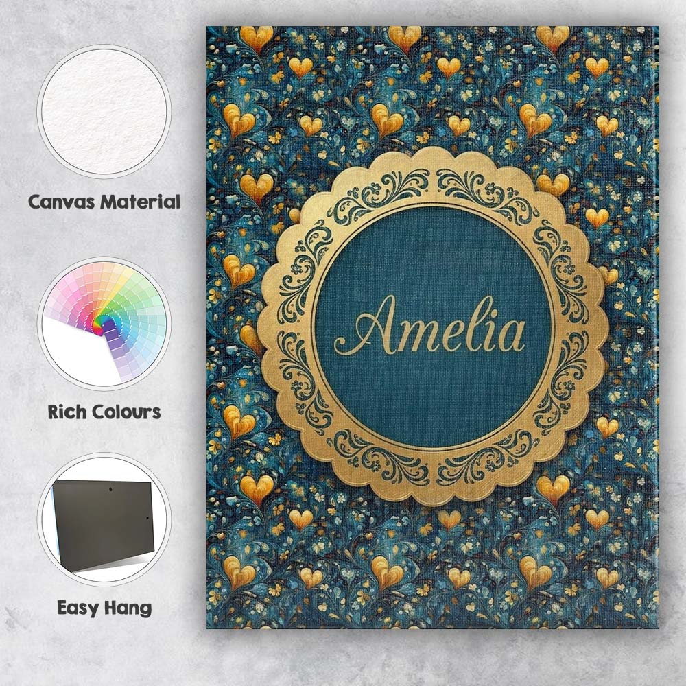 Personalised Name Luxury Ornate Blue Gold Custom Unique Gift Idea Elegant Feature Canvas Wall Art Print Decor Picture Ready to Hang