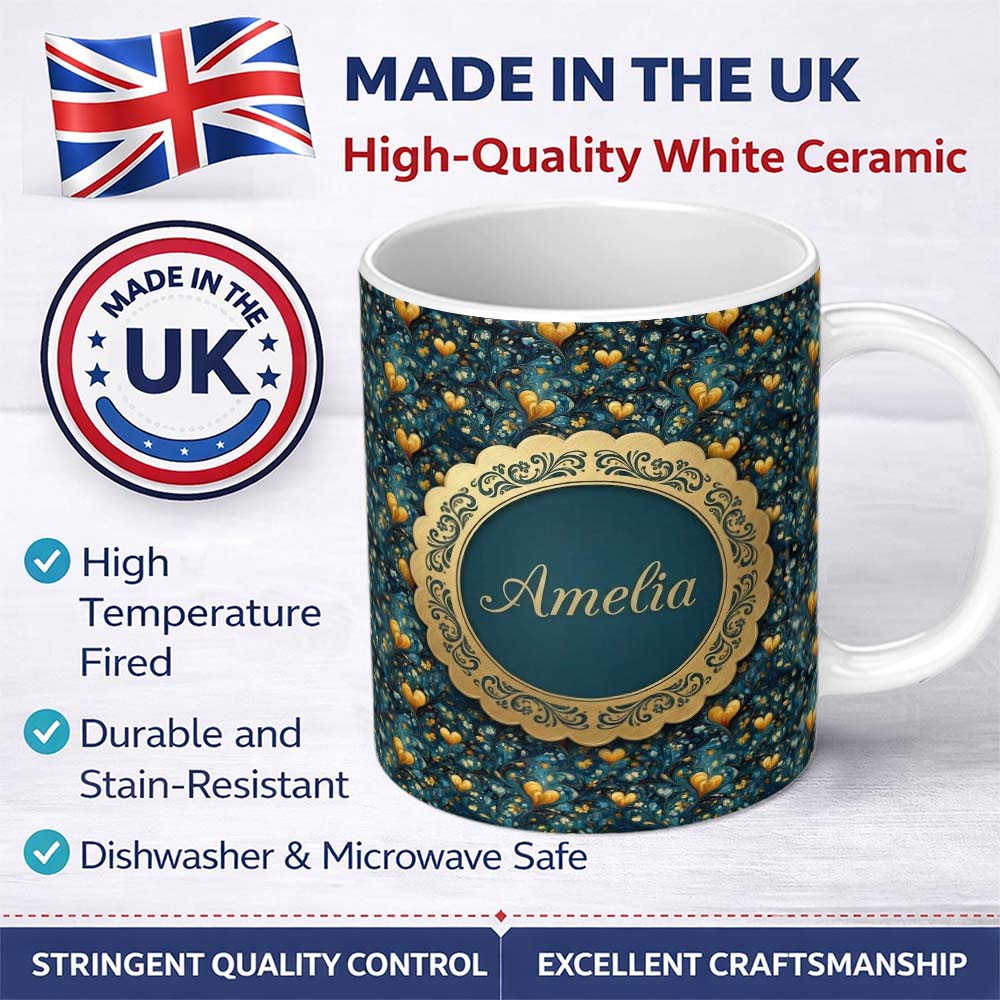 Personalized Custom Name Luxury Ornate Blue Gold Floral Hearts Seamless Pattern Name Cute 11oz Ceramic Coffee Tea Mug White Large Handle