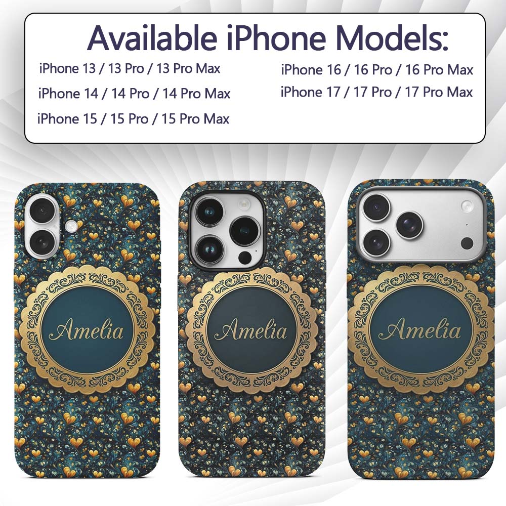 Luxury Ornate Blue Gold Floral Hearts Seamless Custom Name Protective Phone Case Mobile Cover Durable Everyday Smartphone Shock Resistant