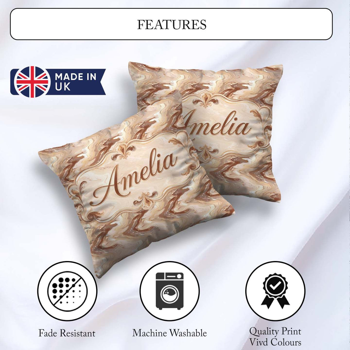Custom Name Beige Marble Fluid Abstract Swirl Seamless Name Cute Square Filled Cushion Throw Pillow Sofa Bed Home Decor Zip Washable UK Made