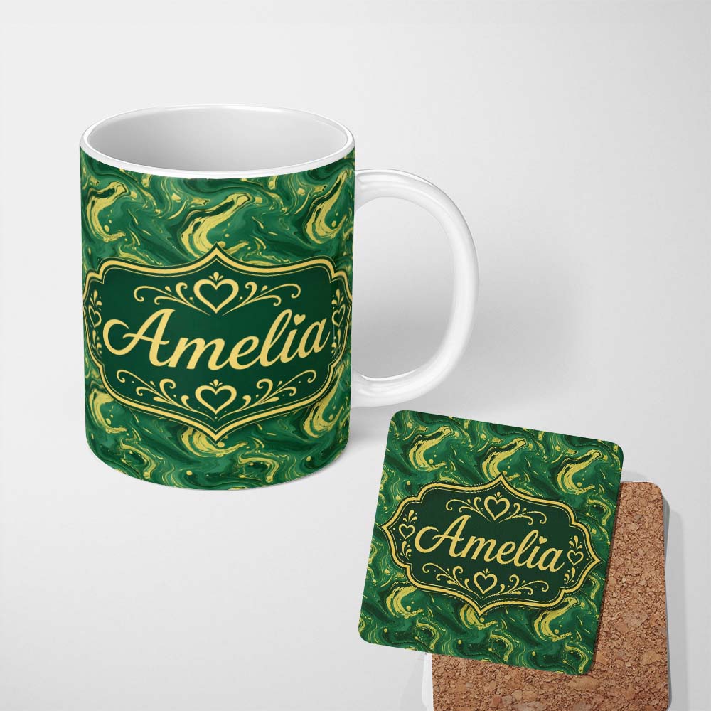 Personalized Custom Name Green Yellow Fluid Marble Abstract Swirl Seamless Pattern Custom 11oz Ceramic Coffee Tea Mug White Large Handle