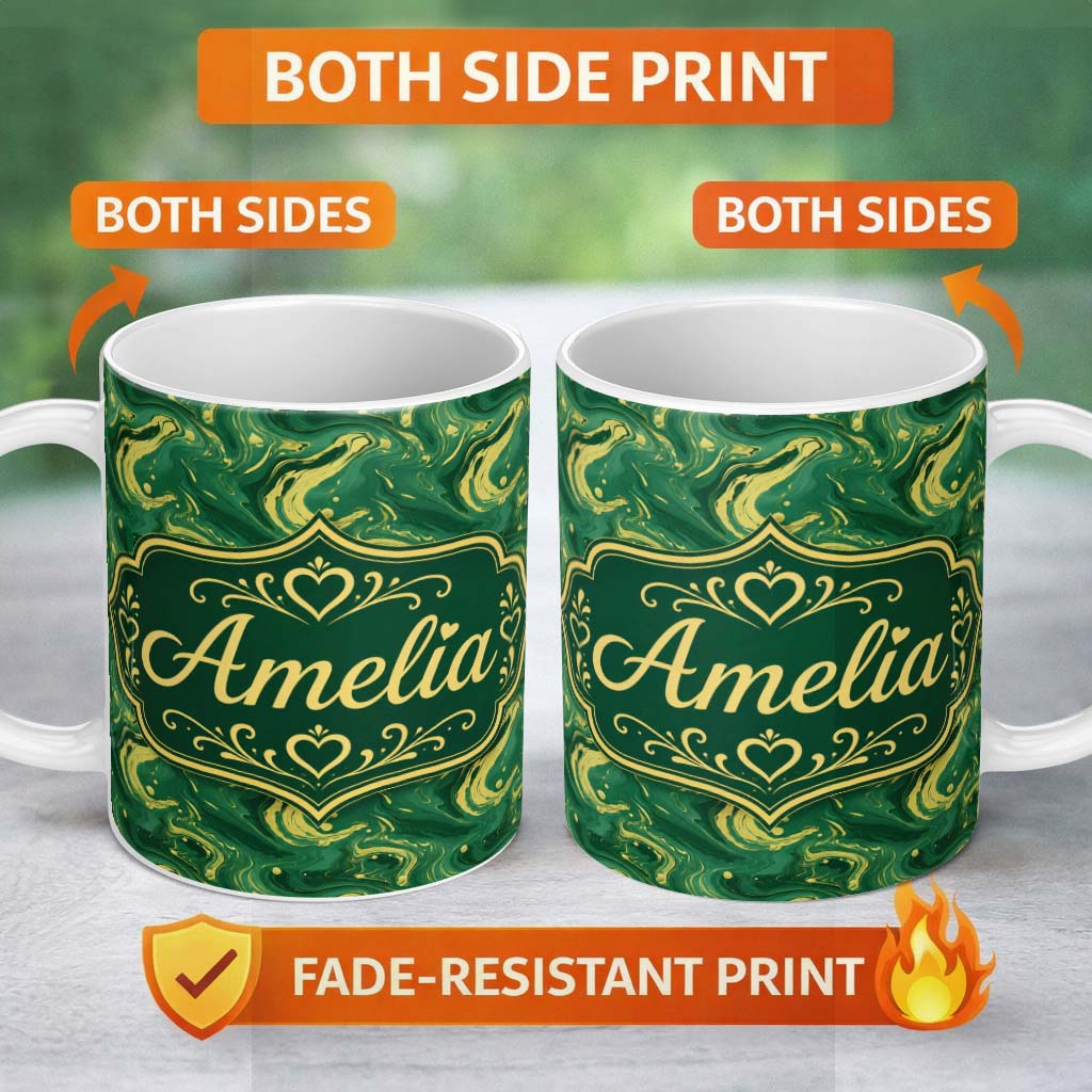 Personalized Custom Name Green Yellow Fluid Marble Abstract Swirl Seamless Pattern Custom 11oz Ceramic Coffee Tea Mug White Large Handle