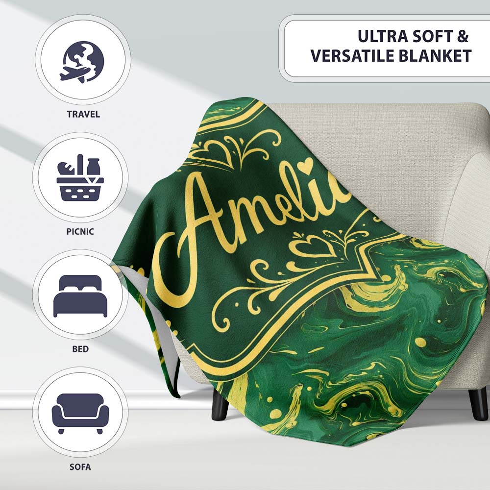 Green Yellow Fluid Marble Abstract Swirl Seamless Pattern Custom Personalised Custom Name Super Soft Fleece Blanket Bed Sofa Throw