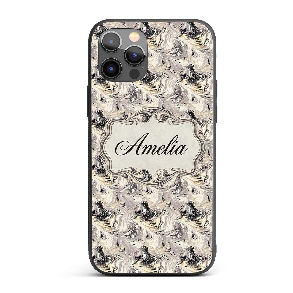 Neutral Beige Black Fluid Marble Abstract Swirl Custom Name Protective Phone Case Mobile Cover Durable Everyday Smartphone Shock Resistant