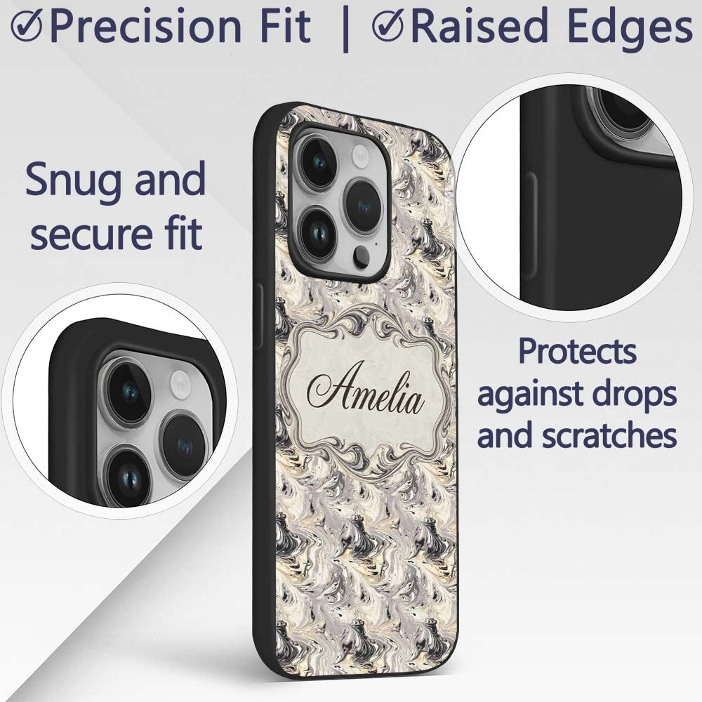 Neutral Beige Black Fluid Marble Abstract Swirl Custom Name Protective Phone Case Mobile Cover Durable Everyday Smartphone Shock Resistant